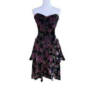 Vintage Robbie Bee Velvet‎ Floral Strapless Tiered Dress Purple Rose 80s 90s 6